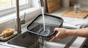 A clean air fryer basket being rinsed under running water in a kitchen sink, showing proper cleaning