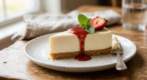 A perfectly sliced no bake cheesecake showing