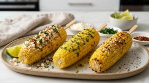 Air fryer corn on the cob served three ways with elote toppings and garlic herb butter
