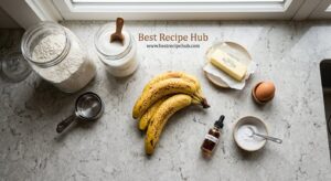 Banana bread recipe ingredients flat lay including bananas flour and sugar