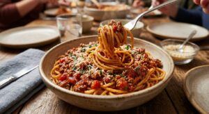 Bowl of homemade spaghetti and meat sauce served family-style at the table