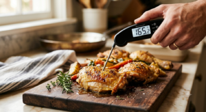 Checking chicken internal temperature with a meat thermometer to ensure a juicy, fully cooked chicken dinner