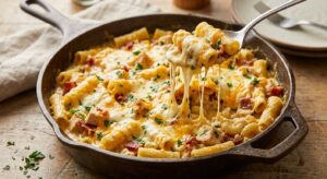 Cheesy one pot chicken and bacon pasta in a cast iron skillet with melted mozzarella and cheddar, ready to serve