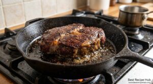 Chuck roast being seared in a cast iron skillet forming a deep mahogany crust - a critical step for the best slow cooker pot roast