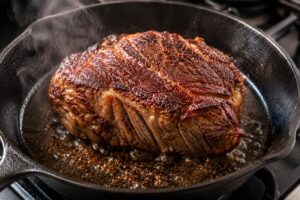 Chuck roast being seared in a cast iron skillet forming a deep mahogany crust - a critical step for the best slow cooker pot roast