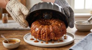 Cinnamon sugar monkey bread being flipped out of a bundt pan onto a white ceramic platter with caramel sauce dripping down