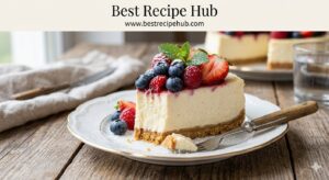 Close-up of a sliced no-bake cheesecake topped with fresh berries on a graham cracker crust