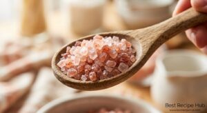 Pink salt crystals in a wooden spoon with a soft neutral background
