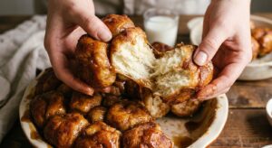 Close-up of hands pulling apart a piece of cinnamon sugar monkey bread showing gooey caramel and fluffy interior texture