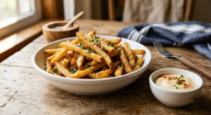 Crispy golden homemade air fryer french fries served