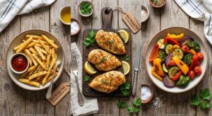 Flat-lay of easy air fryer recipes including