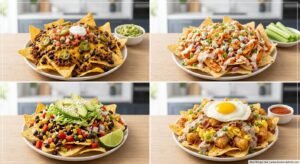 Four air fryer nacho variations classic beef, buffalo chicken, loaded veggie, and breakfast nachos
