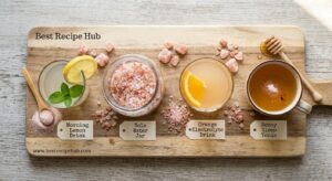 Four pink salt drinks in clear glasses with lemon slices and spices