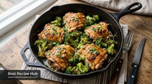 Garlic butter chicken thighs with roasted broccoli in a cast iron skillet - easy keto dinner recipe for beginner