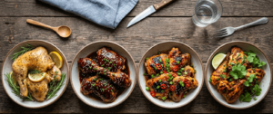 showing 3–4 finished chicken variations side by side with different seasonings/glazes