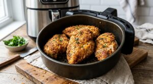 Golden-brown air fryer chicken breast in an open air fryer basket showing a crispy, evenly cooked exterior after cooking at 375°F for 15 minutes