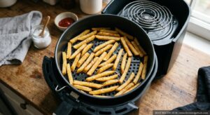 Golden crispy air fryer french fries arranged in a single