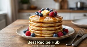 Golden fluffy homemade pancakes topped with fresh berries, butter, and maple syrup