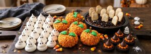 A serving platter with rice krispie pumpkin treats, a brownie graveyard with Oreo tombstones, fluffy ghost meringues, and no-bake witch hat cookies arranged for a Halloween party
