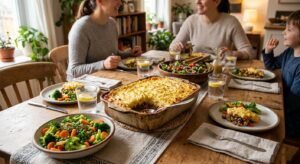 Healthy comfort food dinner featuring shepherd's pie, vegetables, and balanced family meal