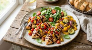 Healthy summer dinner featuring chicken bruschetta served with fresh salad roasted vegetables and balsamic glaze