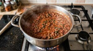 Homemade meat sauce simmering in a pot on the stovetop