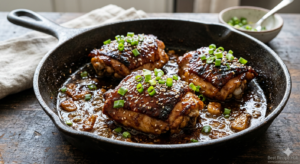 Honey garlic chicken thighs glazed and caramelized in a cast-iron skillet, an easy weeknight chicken dinner idea