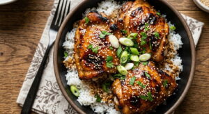 Honey soy glazed baked chicken thighs with caramelized skin, sesame seeds, and scallions served over steamed rice