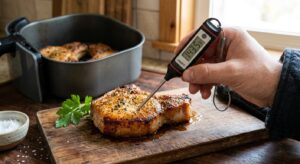 Instant-read thermometer checking internal temperature of air fryer pork chop