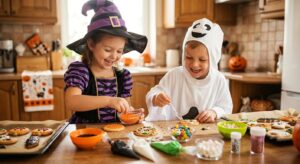 Two children in Halloween costumes decorating ghost-shaped cookies at a kitchen station with bowls of sprinkles, icing, and candy eyes