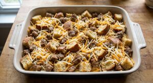 Layered breakfast casserole ingredients assembled in a baking dish before overnight refrigeration