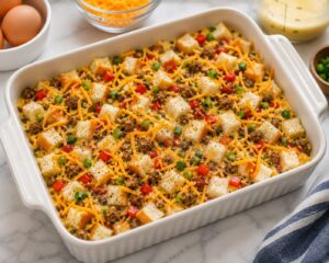 Layered breakfast casserole ingredients assembled in a baking dish before overnight refrigeration