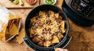 Layering tortilla chips, cheese, and ground beef in an air fryer basket for nachos