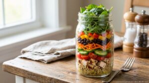 Mason jar salad layered with grilled chicken, quinoa, vegetables, and leafy greens for high protein meal prep