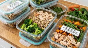 Meal prep containers with shredded rotisserie chicken portions for healthy weeknight dinners