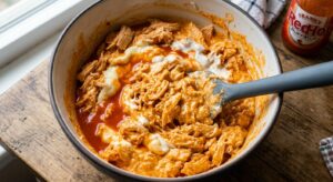 Mixing cream cheese, Frank's RedHot sauce, ranch dressing, and shredded chicken in a bowl for buffalo chicken dip