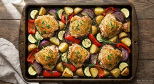 One-pan baked chicken thighs with roasted vegetables including baby potatoes, zucchini, and red bell pepper on a sheet pan