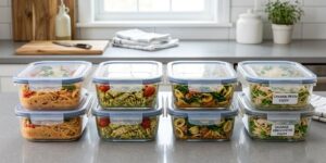 One pot pasta recipes stored in glass meal prep containers for easy weekday lunches and dinners