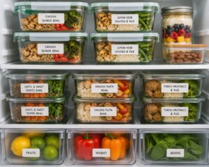 Organized refrigerator with labeled glass meal prep containers of high protein meals including chicken, lentils, and rice bowls ready for the week