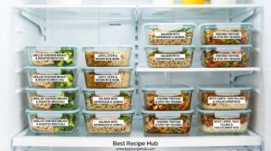 Organized refrigerator with labeled glass meal prep containers of high protein meals including chicken, lentils, and rice bowls ready for the week