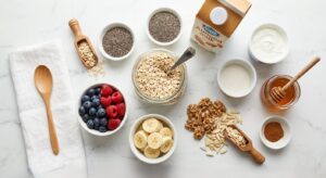 Overhead flat-lay of overnight oats ingredients including rolled oats, chia seeds, almond milk, Greek yogurt, fresh berries, banana, and honey arranged on a white kitchen surface