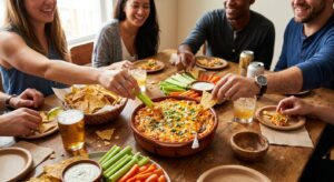 Party spread featuring Frank's buffalo chicken dip with tortilla chips, celery sticks, and carrots at a game day gathering