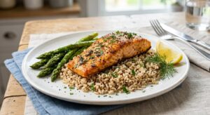 Perfectly cooked air fryer salmon recipe plated with brown rice, asparagus, and lemon wedge on a white plate