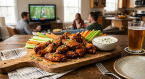 Plated air fryer chicken wings with celery sticks and dipping sauce ready to serve