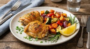 Plated baked chicken thighs recipe served with roasted vegetables and fresh herbs - easy healthy baked chicken thigh dinner idea
