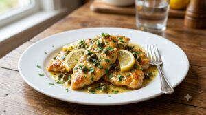 Plated chicken piccata with glossy lemon caper sauce, fresh flat-leaf parsley, capers, and lemon slices on a white ceramic dinner plate
