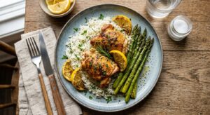 Plated lemon garlic chicken served with rice and roasted asparagus