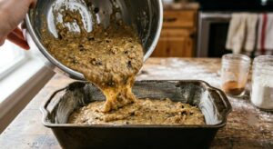 Pouring banana bread batter into loaf pan before baking