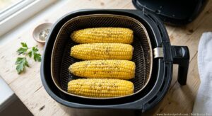 Raw seasoned corn on the cob arranged in air fryer basket before cooking
