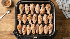 Seasoned raw chicken wings arranged in a single layer inside an air fryer basket